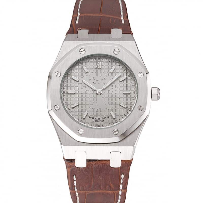Audemars Piguet Royal Oak Replica Watch, Quartz Movement, Brushed Steel Case, Brown Leather Strap