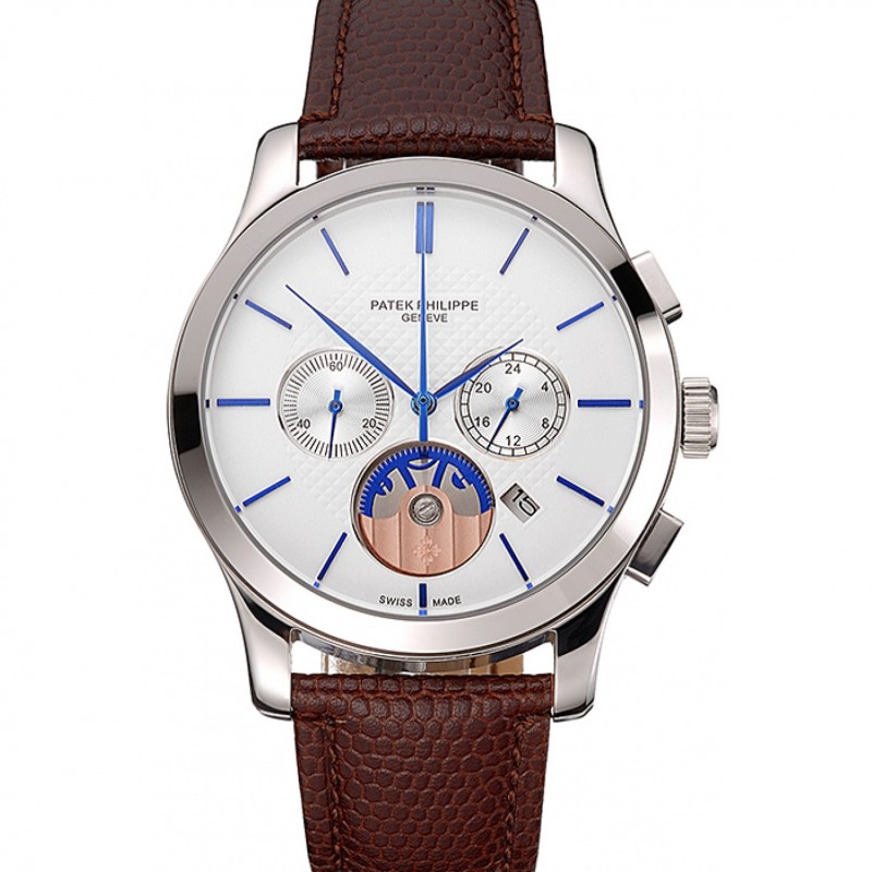 Patek Philippe Chronograph White - Quartz - Japanese - Polished Stainless Steel - Brown Leather