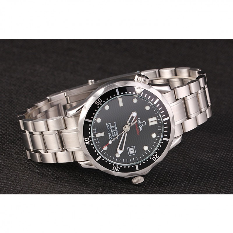 Omega Seamaster 1454192 Quartz Replica Watch, Stainless Steel Band, Black Dial, Sapphire Crystal