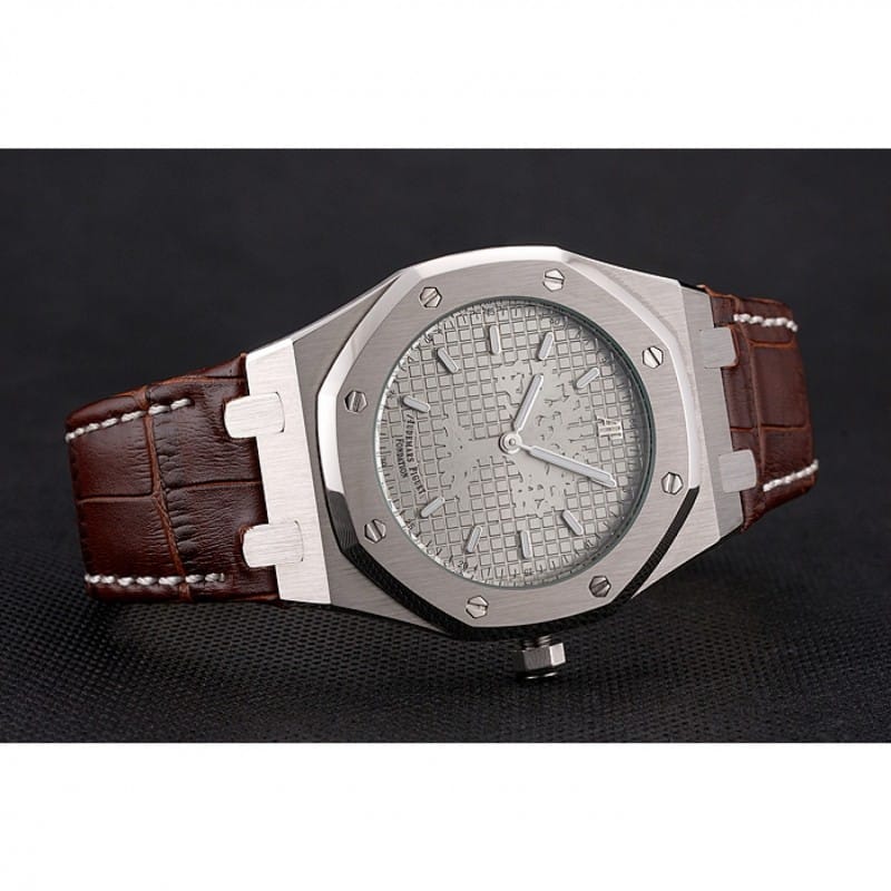 Audemars Piguet Royal Oak Replica Watch, Quartz Movement, Brushed Steel Case, Brown Leather Strap