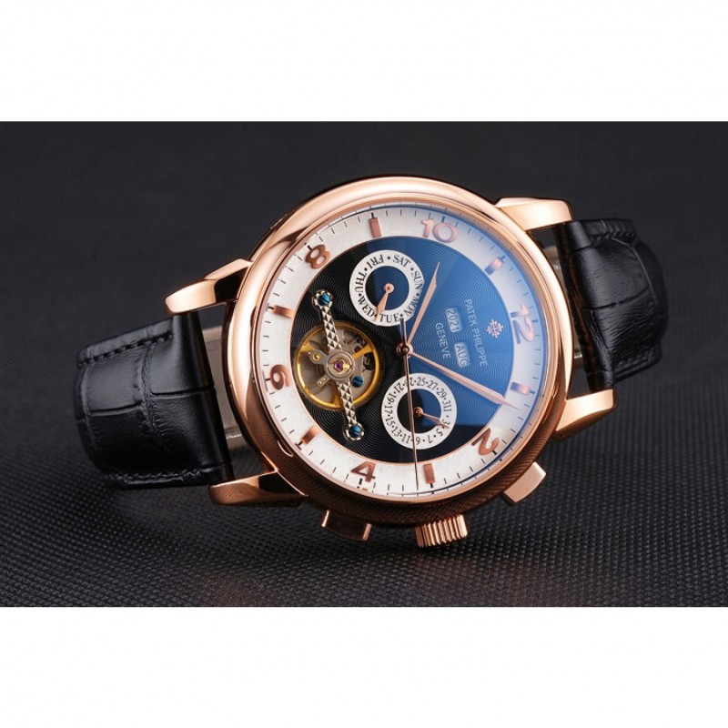 Patek Philippe Perpetual Calendar Replica Watch, Automatic, Black Dial, 18k Rose-Gold Plated, 55 x