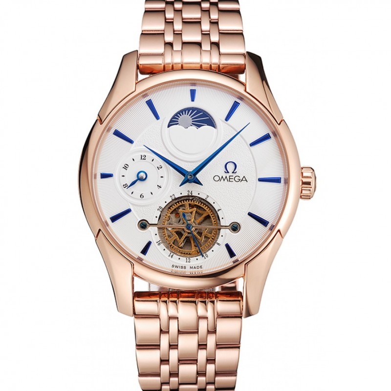 Omega De Ville Moonphase Tourbillon White Replica Watch, Automatic Movement, 18K Rose-Gold Case