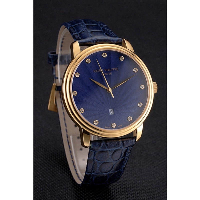 Patek Philippe Calatrava Replica Watch, Quartz, 18k Yellow Gold, Blue Dial, Sapphire Crystal