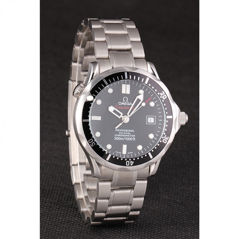 Omega Seamaster 1454192 Quartz Replica Watch, Stainless Steel Band, Black Dial, Sapphire Crystal