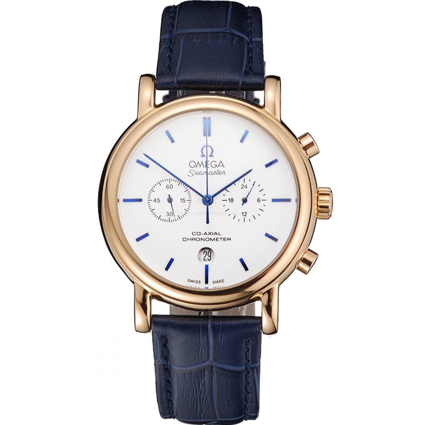 Omega Seamaster Replica Watch, Quartz Movement, 18k Gold Plated Case & Bracelet, White Dial, Blue