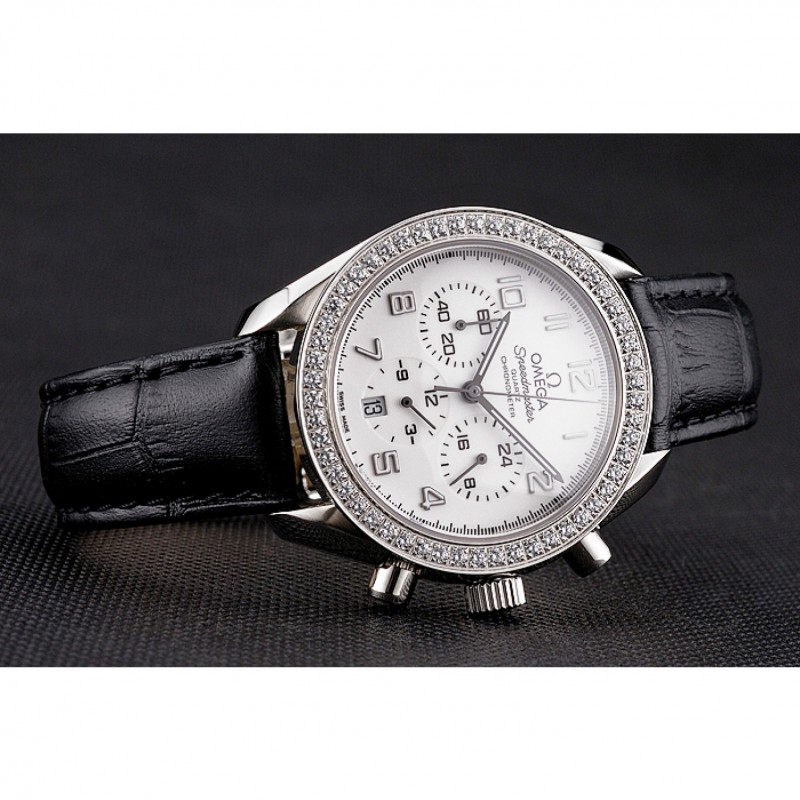 Omega Speedmaster Quartz Watch, 44x37mm, White Dial, Black Leather Strap, Chronograph, Replica Watch