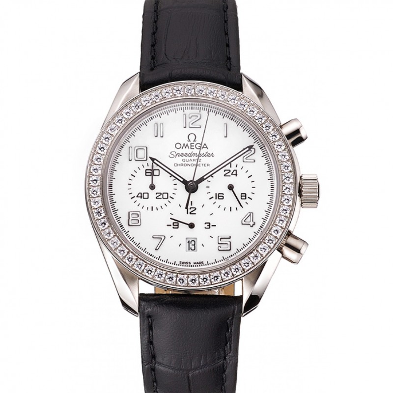 Omega Speedmaster Quartz Watch, 44x37mm, White Dial, Black Leather Strap, Chronograph, Replica Watch