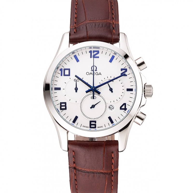 Omega Chronograph - Quartz Battery - Japanese Quality - Polished Stainless Steel - Brown Leather
