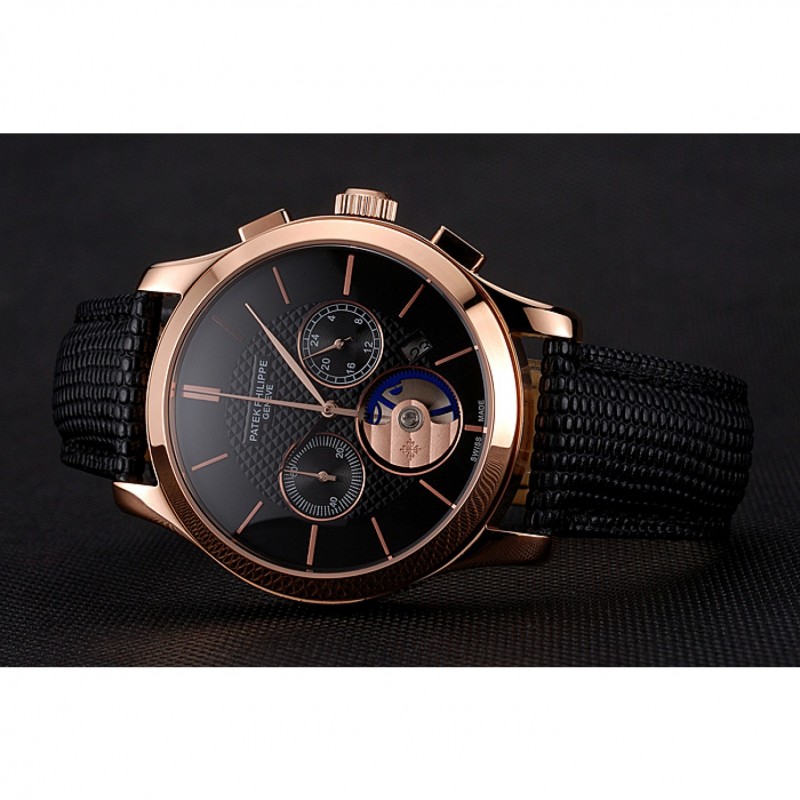 Patek Philippe Chronograph Replica Watch, Quartz Movement, 18k Rose-Gold Plated, Black Dial, Men's