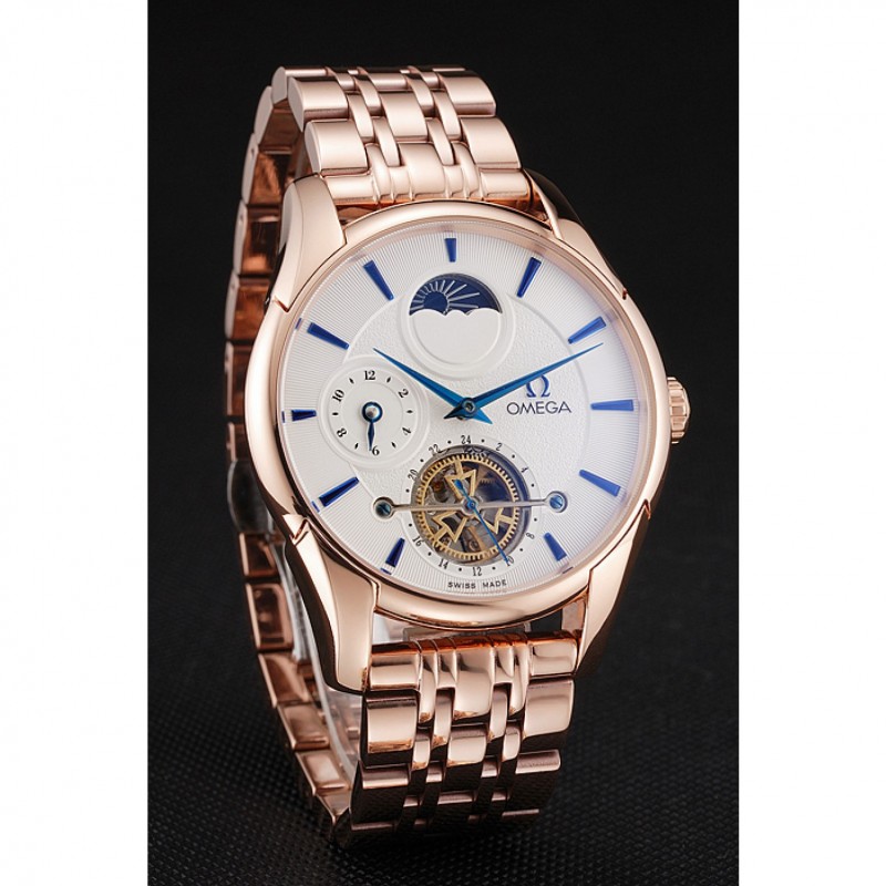 Omega De Ville Moonphase Tourbillon White Replica Watch, Automatic Movement, 18K Rose-Gold Case