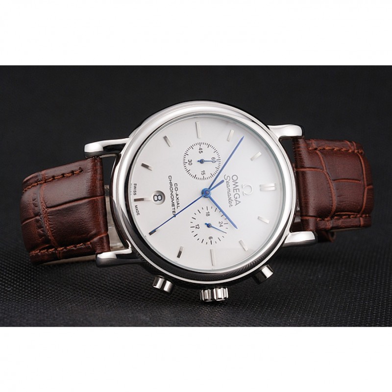 Omega Seamaster Replica Watch, Quartz, Japanese, Polished Stainless Steel Case, Brown Leather