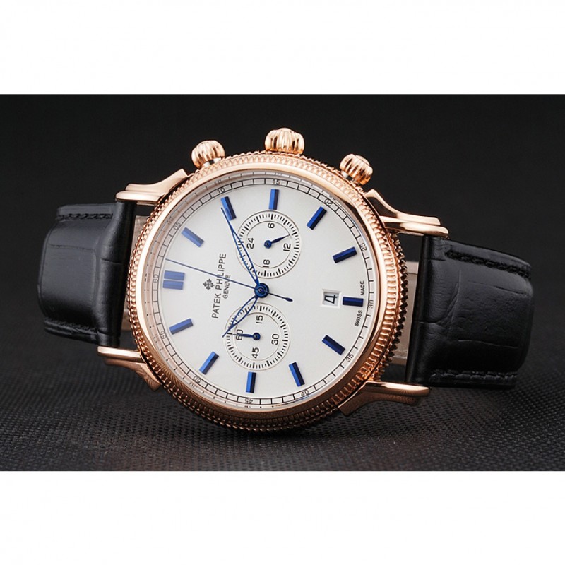 Patek Philippe Complications Quartz Chronograph Watch 52x40mm 18k Rose-Gold Plated Black White Mens
