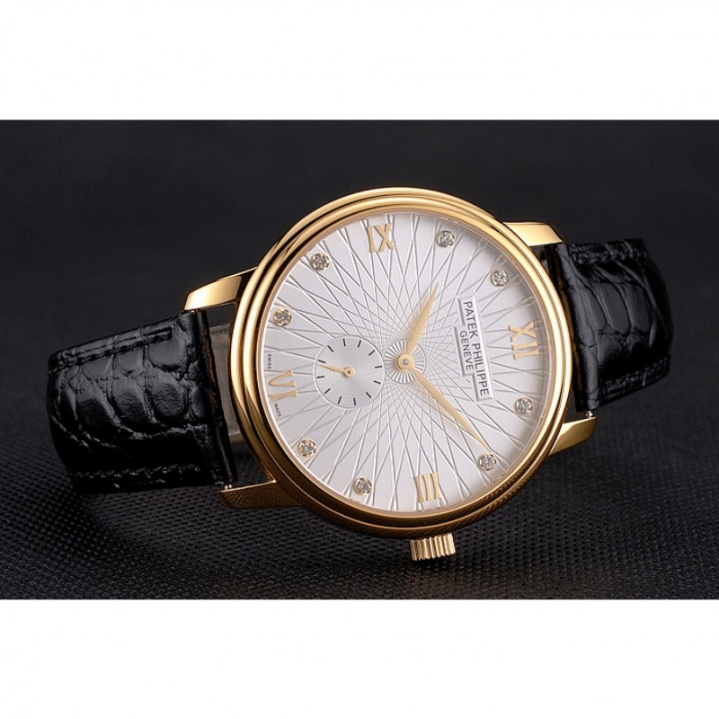 Patek Philippe Calatrava Replica Watch, Quartz Movement, 18k Yellow Gold Plated, Black Leather