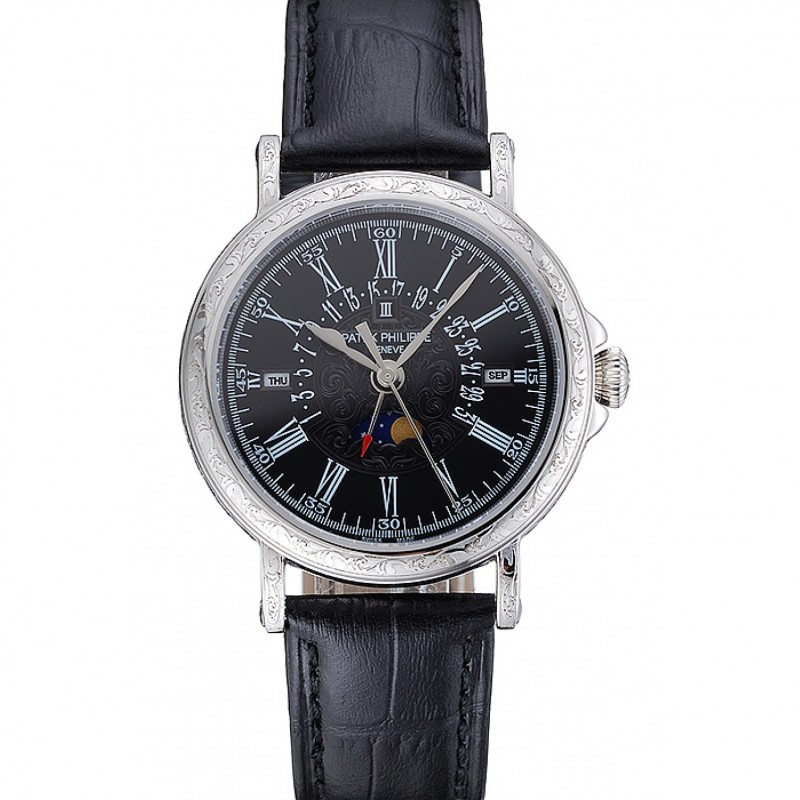 Patek Philippe Perpetual Calendar 1454146 Replica Watch, Japanese Quartz, Black Dial, Stainless