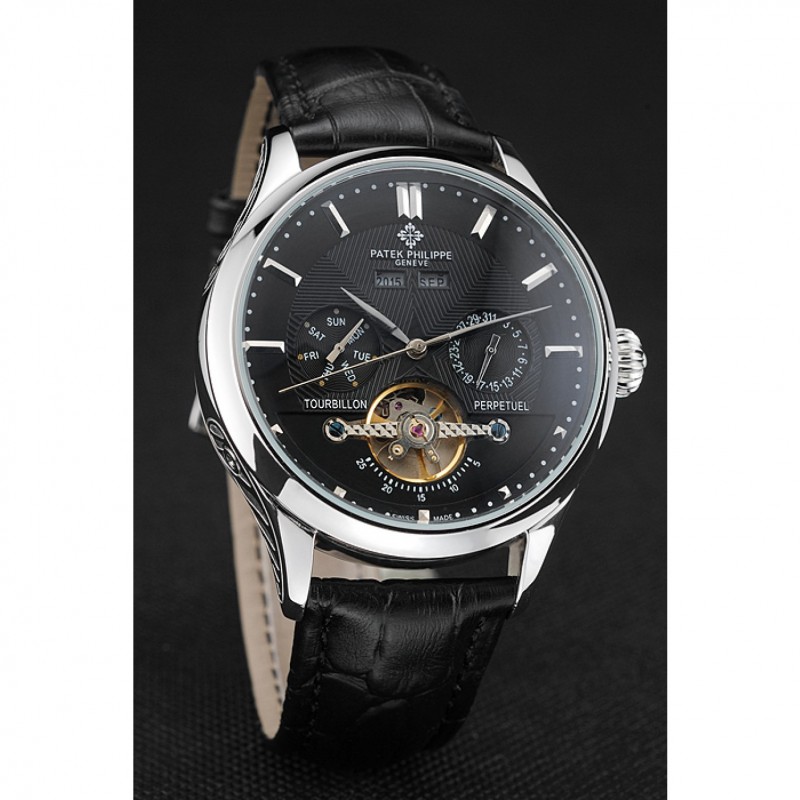 Patek Philippe Day Date Tourbillon 622839 Replica Watch, Automatic Movement, Black Dial, Leaf-Steel