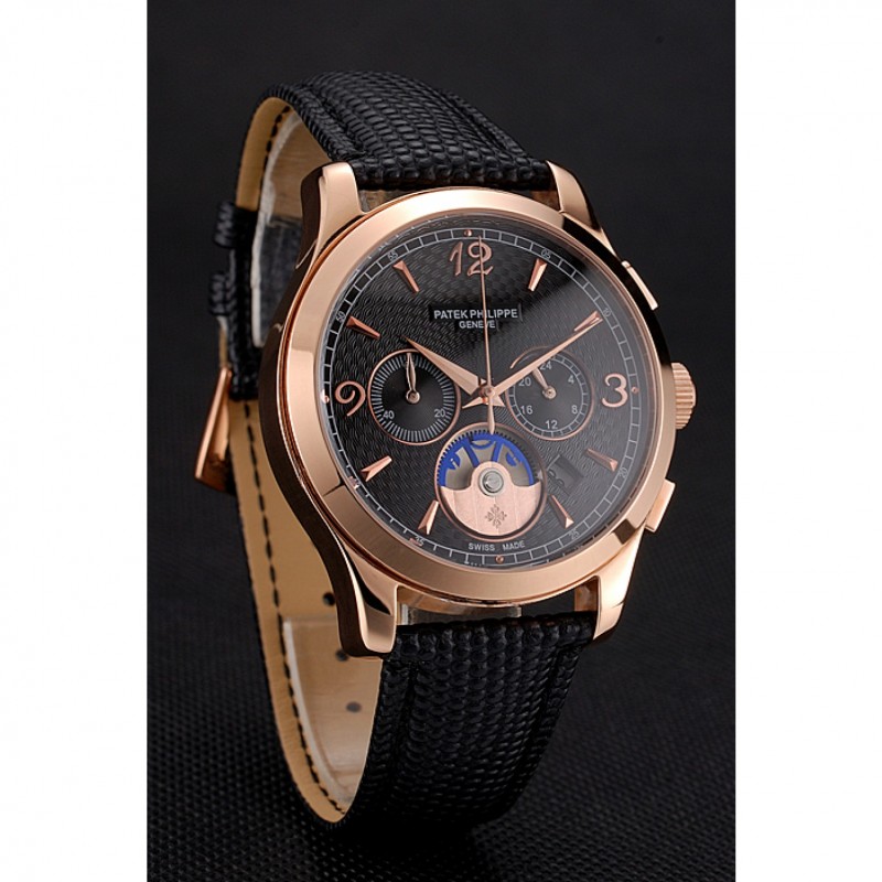 Patek Philippe Complications Chronograph Replica Watch, Black Dial, 18K Rose-Gold Plated, Model