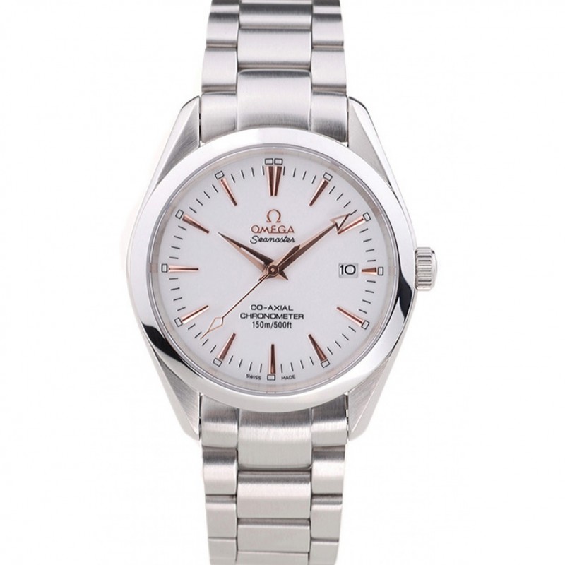 Omega Seamaster OM16 Replica Watch, Quartz Movement, Silver Dial, Brushed Steel Case, White Band