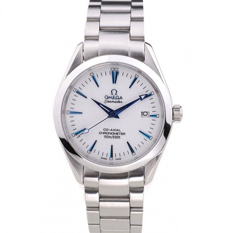 Omega Seamaster OM14 Replica Watch, Quartz Movement, Silver Dial, Brushed Steel Case, White Band