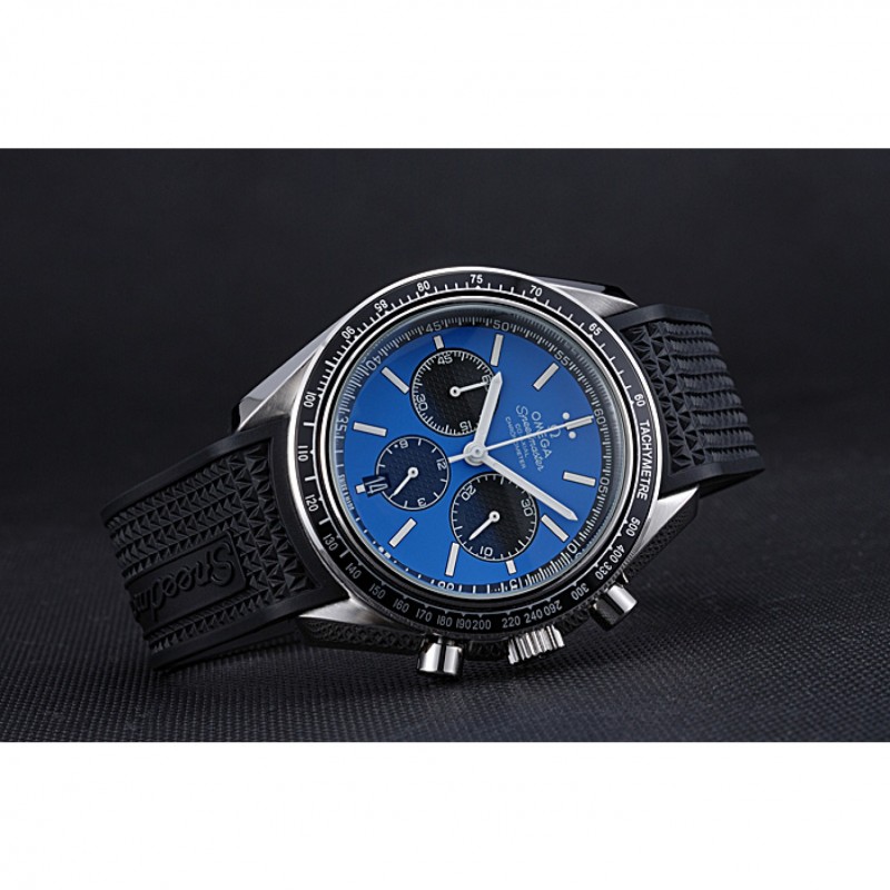 Omega Speedmaster 622043 Replica Watch, Japanese Miyota Quartz, Blue Dial, Black Rubber Strap