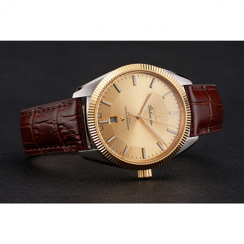 Omega Globemaster Constellation Replica Watch, Automatic Movement, 18k Gold Bezel, Brown Leather