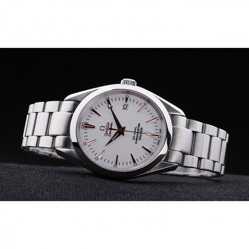 Omega Seamaster OM16 Replica Watch, Quartz Movement, Silver Dial, Brushed Steel Case, White Band