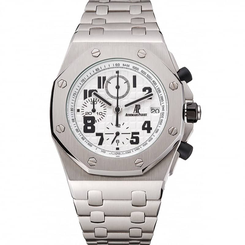 Audemars Piguet RO Offshore Replica Watch, Chronograph, Silver White Dial, Brushed Steel Case
