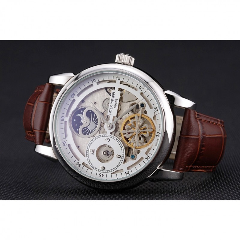 Patek Philippe Dual Time Moonphase Tourbillon Replica Watch, Automatic, Silver Dial