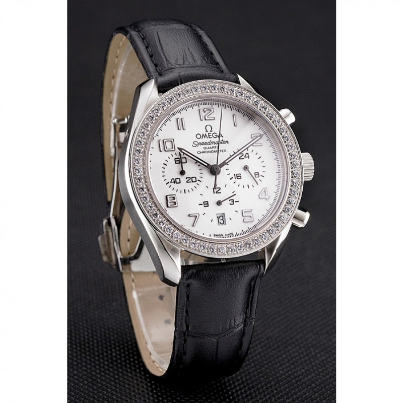 Omega Speedmaster Quartz Watch, 44x37mm, White Dial, Black Leather Strap, Chronograph, Replica Watch