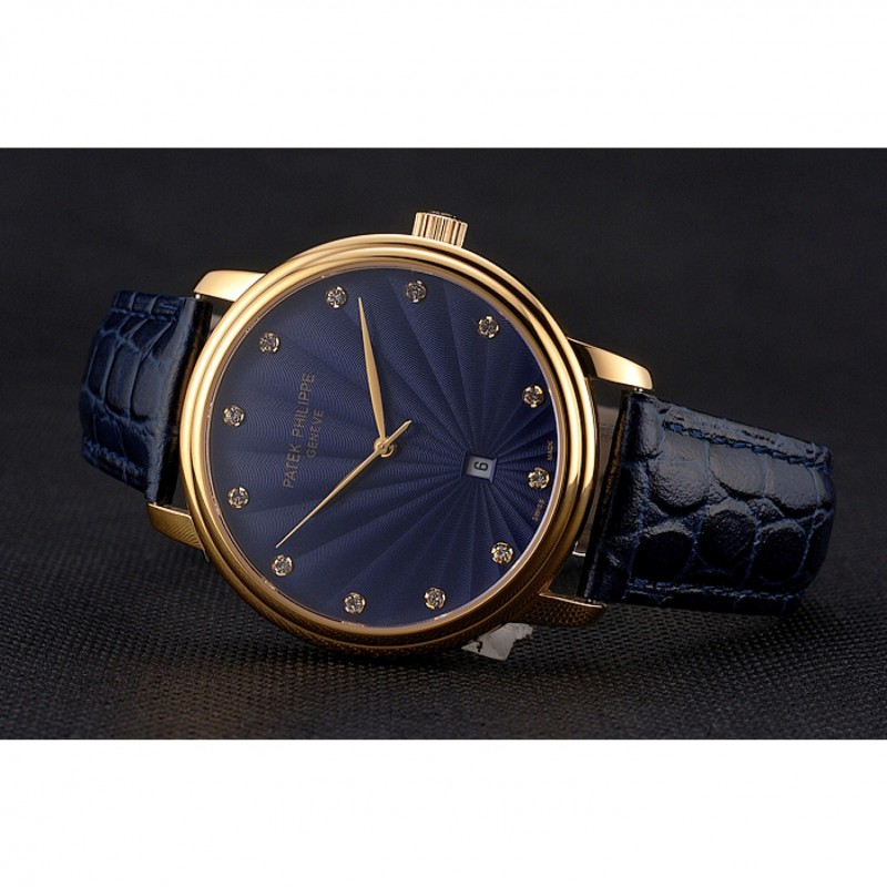 Patek Philippe Calatrava Replica Watch, Quartz, 18k Yellow Gold, Blue Dial, Sapphire Crystal