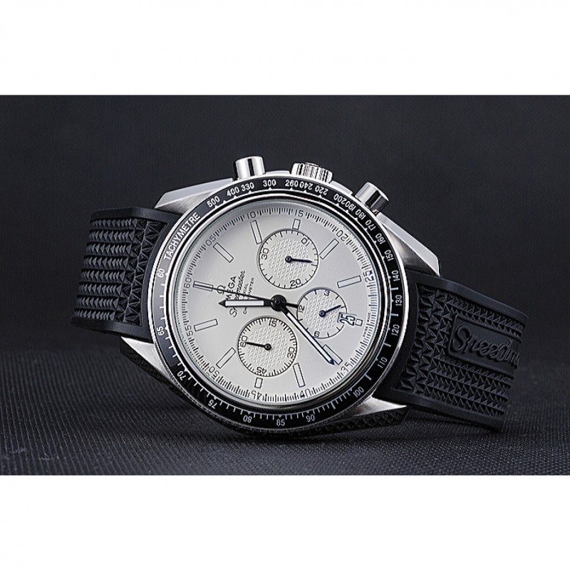 Omega Speedmaster 622040 Quartz Replica Watch, White Dial, Brushed Steel Case, Black Rubber Strap