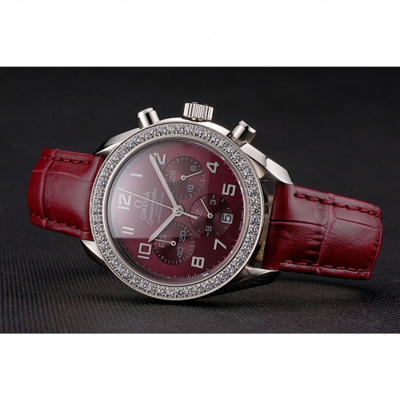 Omega Speedmaster Replica Watch, Burgundy Dial, Japanese Quartz, Polished Steel Case, Diamond