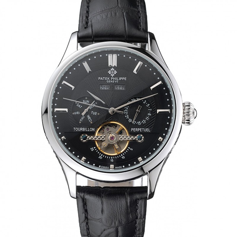 Patek Philippe Day Date Tourbillon 622839 Replica Watch, Automatic Movement, Black Dial, Leaf-Steel