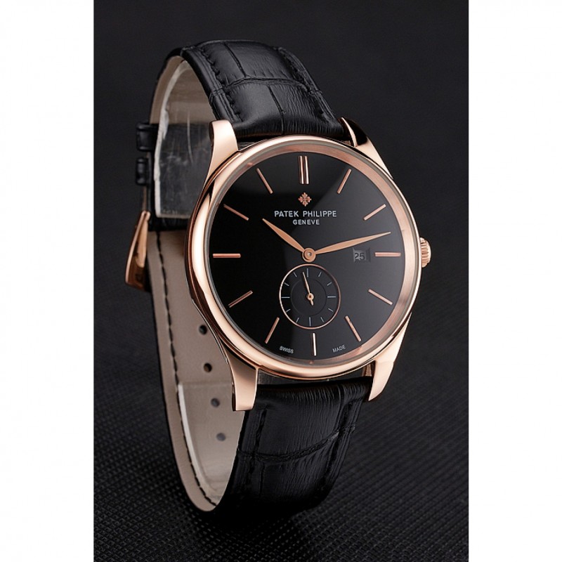 Patek Philippe Calatrava Replica Watch, Quartz Movement, Black Dial, 18K Rose-Gold Case, Model