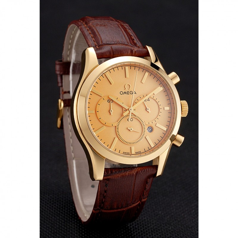 Omega Chronograph Replica Watch - 18k Yellow Gold Plated Case, Brown Crocodile Leather Strap