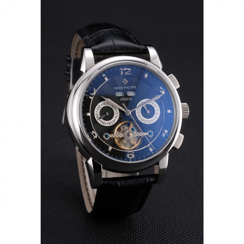 Patek Philippe Perpetual Replica Watch, Automatic Movement, Polished Stainless Steel, Black Dial