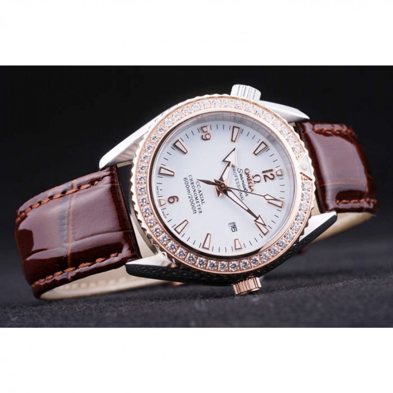 Omega Seamaster OM170 Replica Watch, Quartz, White Dial, Polished Steel Case, 18k Rose-Gold Bezel