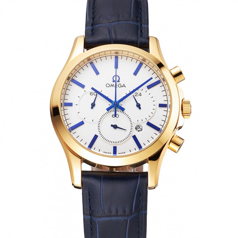 Omega Chronograph -石英 电池 - 18k 黄金电镀 - 白色表盘 - 男士 - 复制手表 Watch