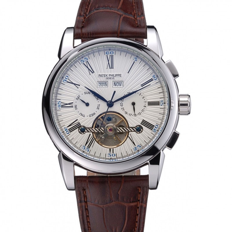 Patek Philippe Grand Complications Replica Watch, Automatic Kinetic, White Dial, Polished SS, Brown