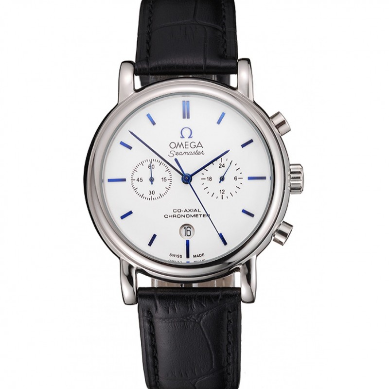 Omega Seamaster Replica, Quartz Movement, Black Crocodile Leather, White Dial, 40 x 48 mm, Model
