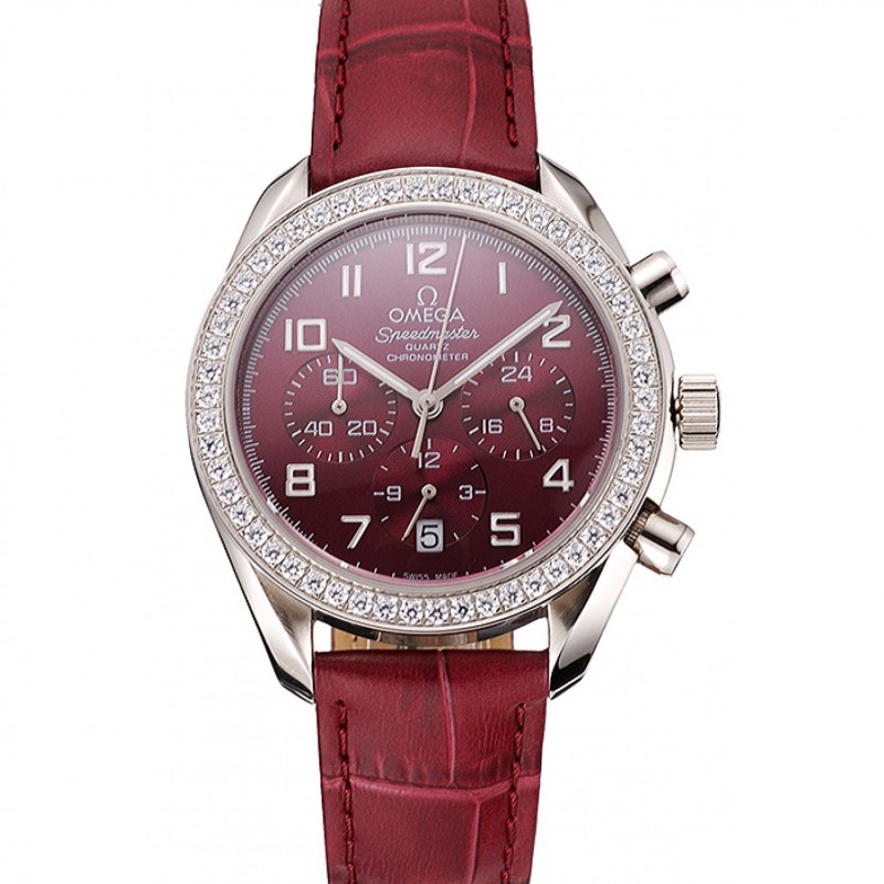 Omega Speedmaster Replica Watch, Burgundy Dial, Japanese Quartz, Polished Steel Case, Diamond
