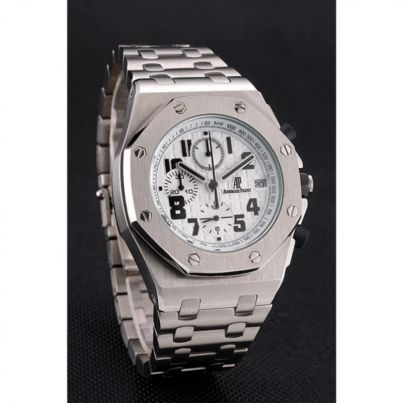 Audemars Piguet RO Offshore Replica Watch, Chronograph, Silver White Dial, Brushed Steel Case