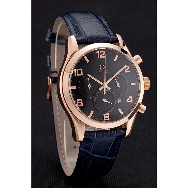 Omega Chronograph Replica Watch, Blue Dial, 18k Rose-Gold Plated Case & Bracelet, Quartz Movement