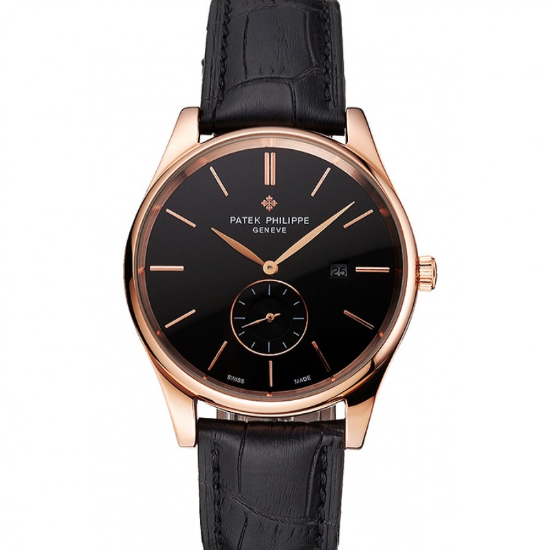 Patek Philippe Calatrava Replica Watch, Quartz Movement, Black Dial, 18K Rose-Gold Case, Model