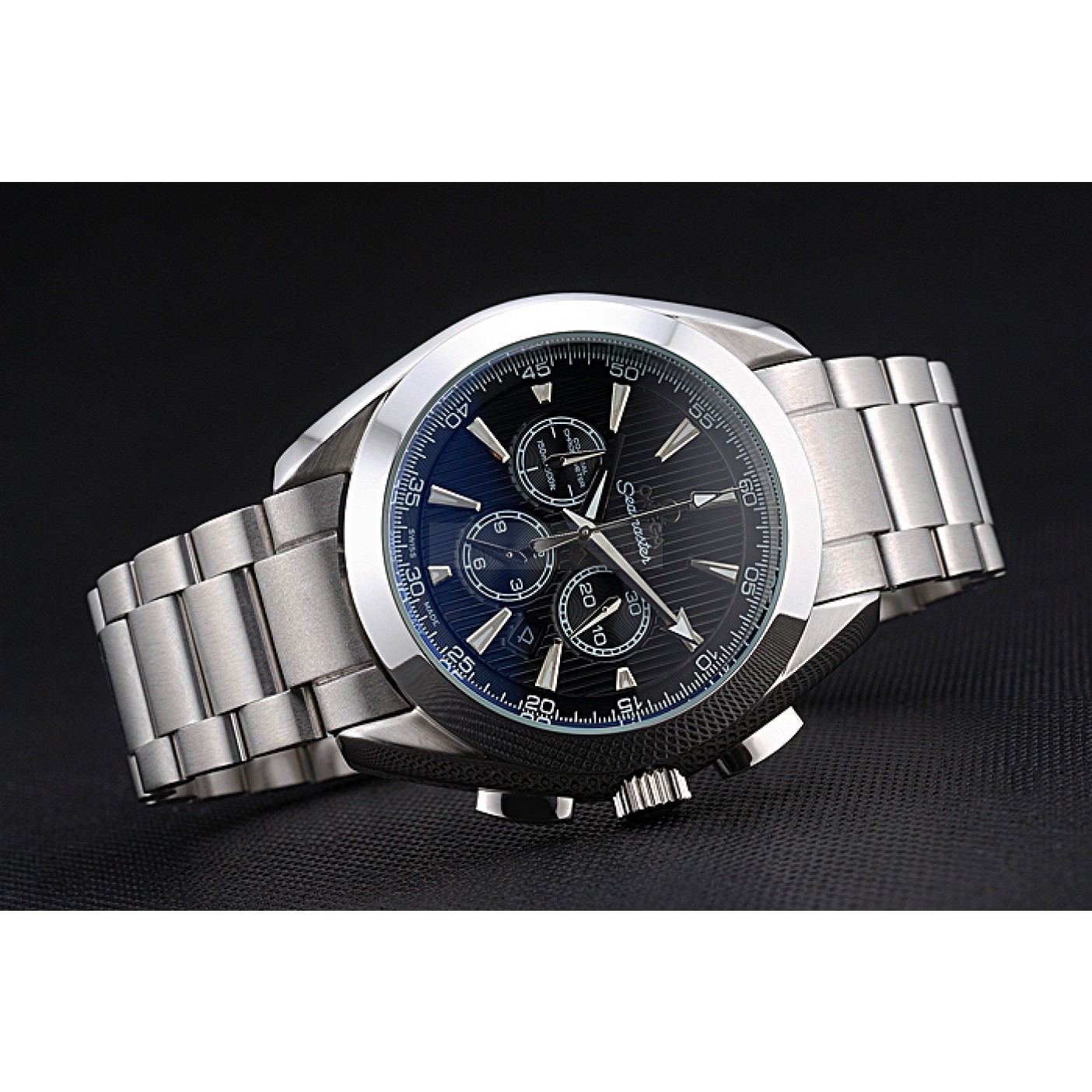 Omega Seamaster Replica Watch, Quartz Movement, Black Dial, Stainless Steel Case, Chronograph