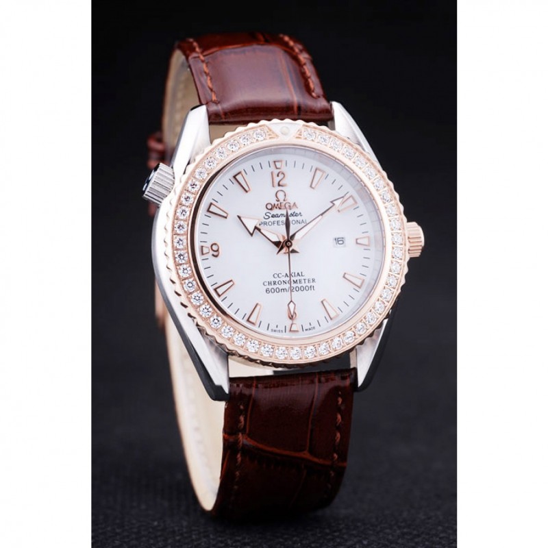 Omega Seamaster OM170 Replica Watch, Quartz, White Dial, Polished Steel Case, 18k Rose-Gold Bezel