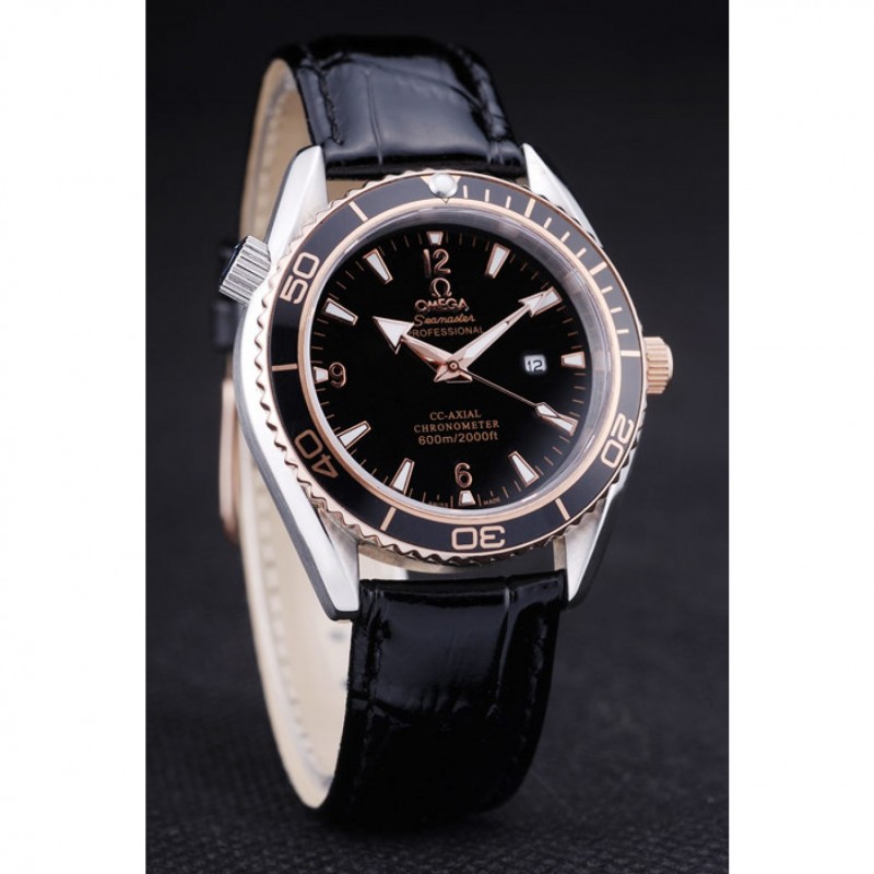 Omega Seamaster Replica Watch, Japanese Quartz, Black Dial, Polished Steel Case, Model: OM173