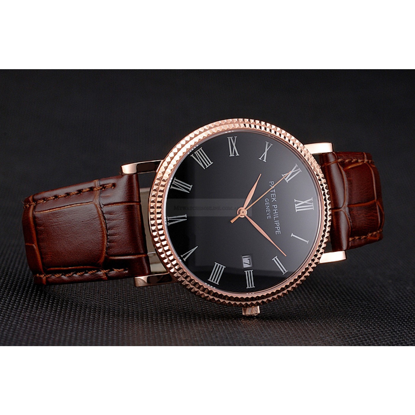 Patek Philippe Calatrava Replica Watch石英机芯，黑面，玫瑰金表壳 15202ST.OO.1240ST.01