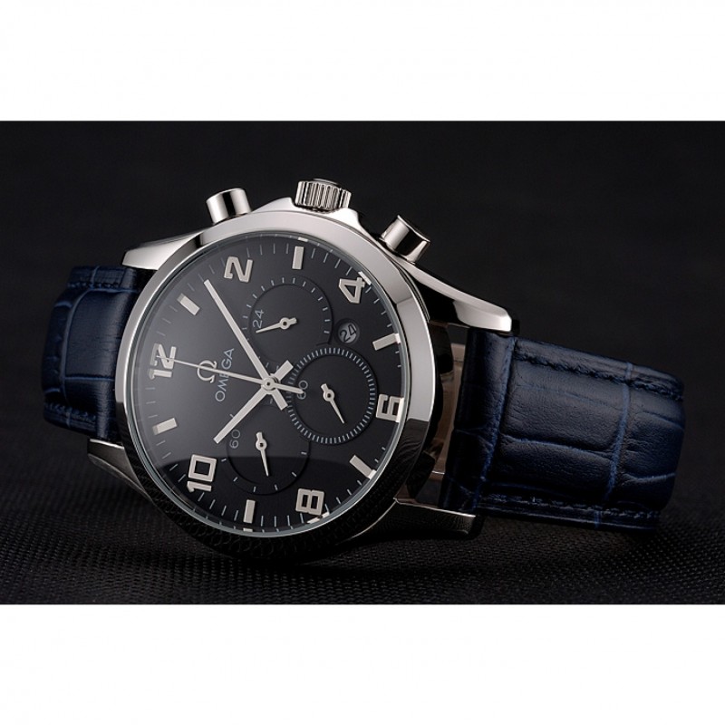 Omega Chronograph Replica Watch - Black Dial, Stainless Steel Case, Japanese Quartz, Blue Crocodile