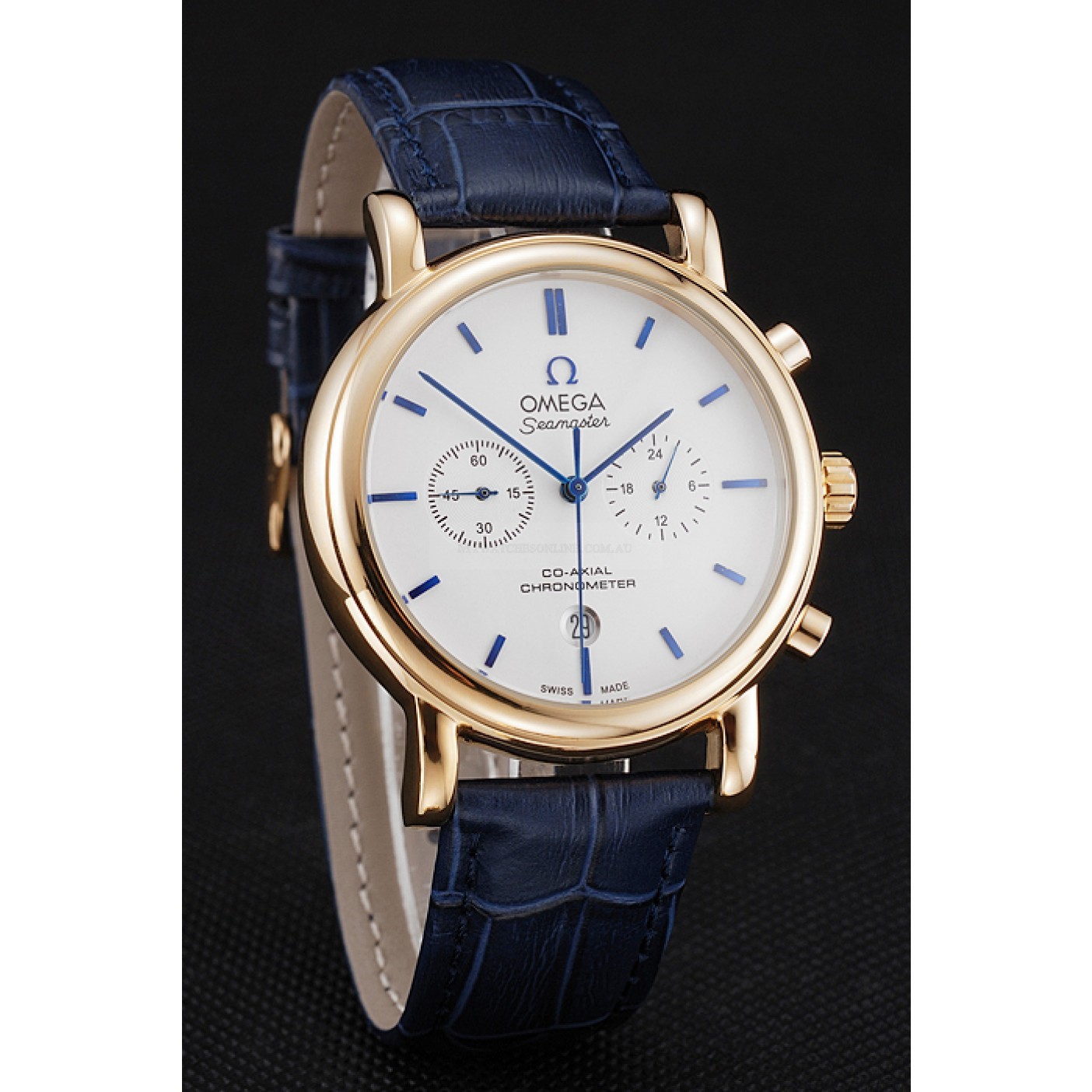 Omega Seamaster Replica Watch, Quartz Movement, 18k Gold Plated Case & Bracelet, White Dial, Blue