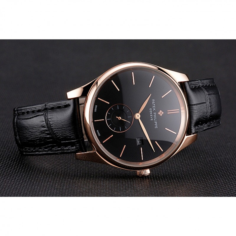 Patek Philippe Calatrava Replica Watch, Quartz Movement, Black Dial, 18K Rose-Gold Case, Model